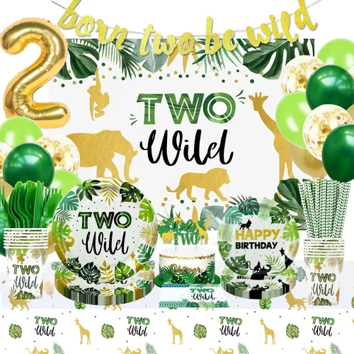 Dos decoraciones de cumpleaños salvajes, artículos para fiestas temáticas de selva de safari incluyen pancarta, telón de fondo, platos, vasos,