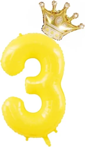 Globos amarillos grandes de 40 pulgadas con corona, globos de helio de aluminio del número 3, decoraciones de tercer cumpleaños, suministros de