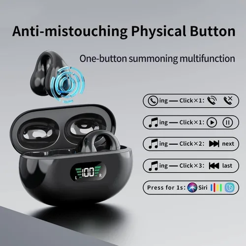 Miniatura 2 de Auriculares de Conducción Ósea de Oído Abierto Bluetooth 5.3 Auriculares Inalámbricos Clip-On con Pantalla Digital Estuche de Carga 60 Horas