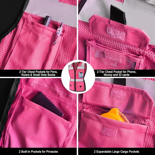 Miniatura 4 de TCCFCCT Chaleco de seguridad para mujer, chaleco reflectante de malla de 11 bolsillos con cremallera, chaleco de trabajo de construcción de neón