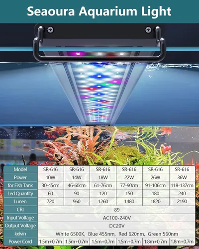 Miniatura 6 de SEAOURA - Lámpara LED para acuario de plantas - Luz de tanque de peces de espectro completo con temporizador, encendido/apagado automático, 12-18
