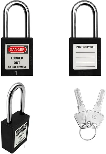 Miniatura 5 de SAFBY 50 cerraduras de bloqueo con llave con 50 etiquetas de bloqueo, candados seguros Loto para estaciones y dispositivos de bloqueo (1-50 negro)