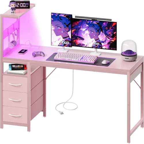 Miniatura 9 de YOUDENOVA 40 Inch Gaming Computer Desk with Led Lights, Small Desk with Storage Shelves and Drawers, Reversible Compact Gamer Table for Home Office