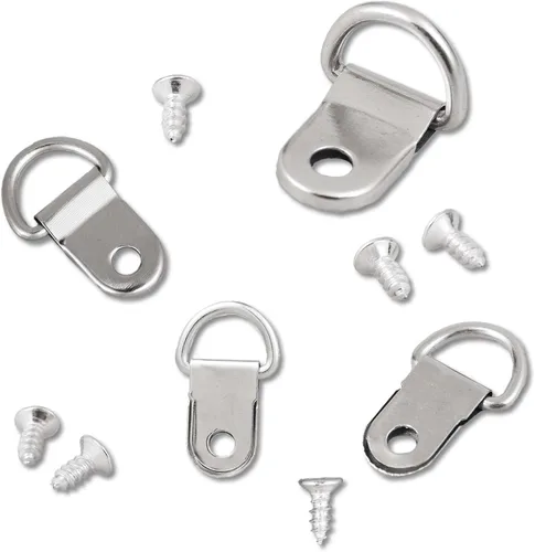 Miniatura 4 de Juego de 50 ganchos de anillos en D, resistentes y pequeños anillos en D con 50 tornillos chapados en níquel, marco de fotos, kit de alambre