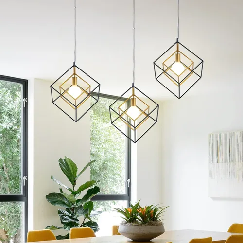 Miniatura 2 de Lámpara de araña geométrica moderna, lámpara colgante de metal con 1 luz, lámpara de techo colgante de latón negro, iluminación industrial de cubo