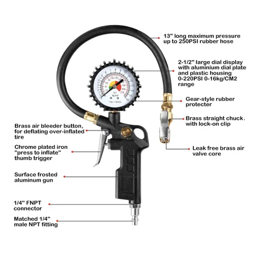 Miniatura 2 de CZC AUTO Inflador Desinflador de Neumáticos Indicador de Presión de Aire con Manguera de Goma, Calibre de Inflado de Rueda de Dial de 2-1/2 Pulgadas