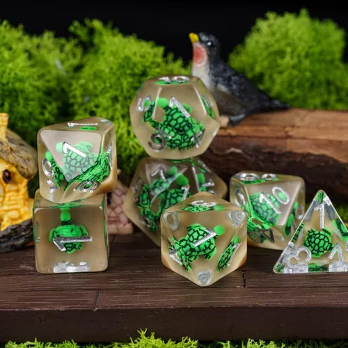 Miniatura 5 de Cusdie Dados DND de 7 troqueles, juego de dados poliédricos rellenos de animales, para juegos de rol, dados D&D (tortuga verde)