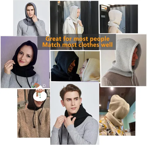 Miniatura 6 de Facecozy Sombreros de invierno para mujer, gorro de bufanda con capucha para mujer, pasamontañas de punto, gorro con cordón
