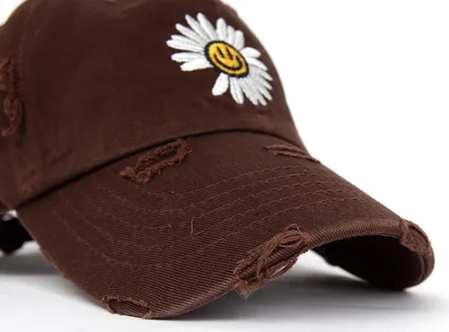 Miniatura 6 de Flipper Gorra de béisbol con diseño de margaritas de algodón lavado sin estructura, diseño de cara sonriente
