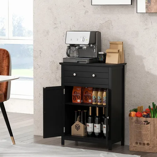 Miniatura 7 de GOFLAME Gabinete de almacenamiento de madera para baño, moderno armario organizador de baño con estante ajustable de 3 alturas, cajón y estante de 2
