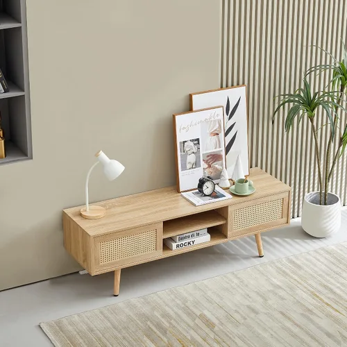 Miniatura 3 de Soporte de TV de ratán natural para TV de 60 pulgadas, centro de entretenimiento bohemio con almacenamiento, soporte de TV moderno de mediados