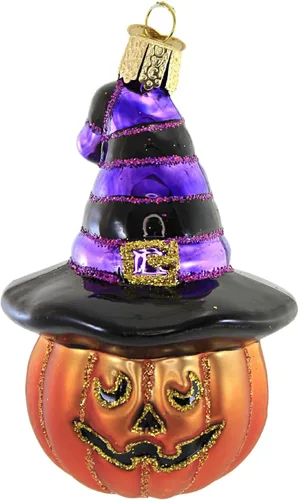 Old World Christmas Adorno de cristal soplado de calabaza de bruja Jack O'Lantern para árbol de Navidad, decoración navideña hecha a mano, colección