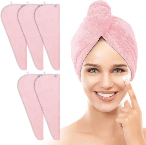 Miniatura 12 de TENSTARS Paquete de 5 Toallas de Microfibra Engrosadas para Cabello para Mujeres - Diseño de Lazo Elástico - 320GSM Terciopelo Coral - Turbante