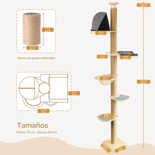 Miniatura 3 de FUKUMARU Árbol para gatos de piso a techo, altura ajustable de 6 niveles (5.7-9.8 pies), torre de escalada con postes de rascado gruesos, centro