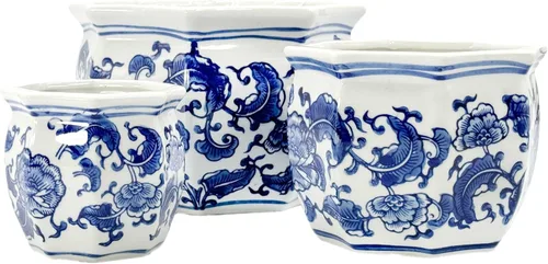 Galt International Macetas de jardín decorativas de porcelana de cerámica con diseño floral azul y blanco, diseño chino asiático - Juego de 3 Azul y