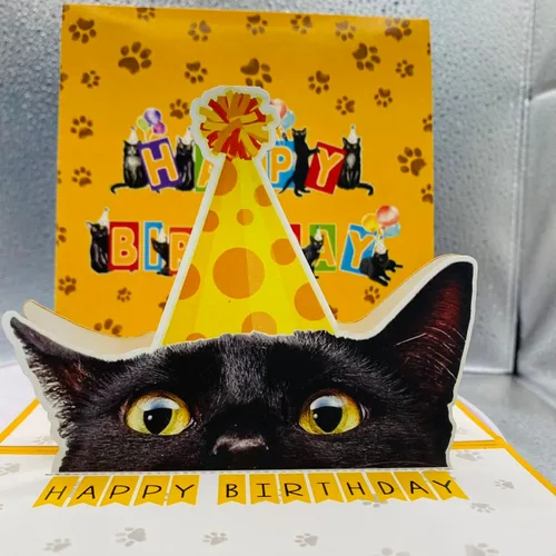 Tarjeta de cumpleaños de gato negro, tarjeta desplegable 3D con sobre, tarjeta de felicitación de feliz cumpleaños para amantes de los gatos