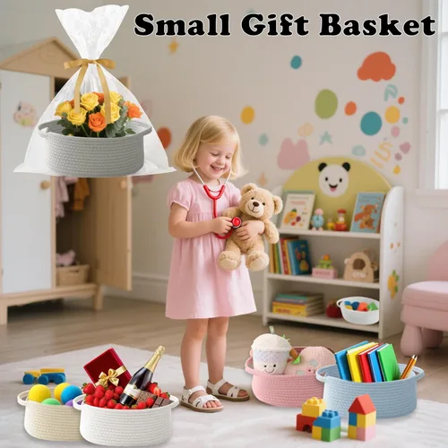 Miniatura 4 de Paquete de 2 canastas pequeñas de cuerda tejida, cesta de regalo vacía con bolsa y cintas, bonita caja organizadora con asa para cumpleaños/baby