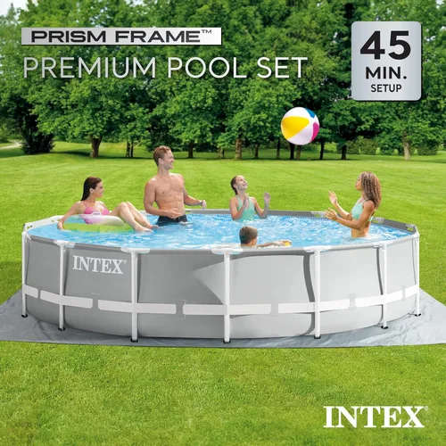 Miniatura 4 de Intex 26723EH - Juego de piscina sobre el suelo con marco de prisma de 15 pies por 42 pulgadas con cubierta de residuos, escalera y bomba de filtro