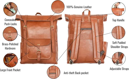 Miniatura 6 de jaald Mochila de cuero marrón de 23 pulgadas, mochila vintage para portátil, bolsa de viaje grande con parte superior enrollable, cómoda y ligera