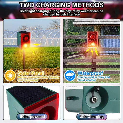 Miniatura 6 de Qualirey Alarma solar con sensor de movimiento para exteriores con sonido de disparo de estaca, 3 modos de grabación y volumen ajustable, carga USB