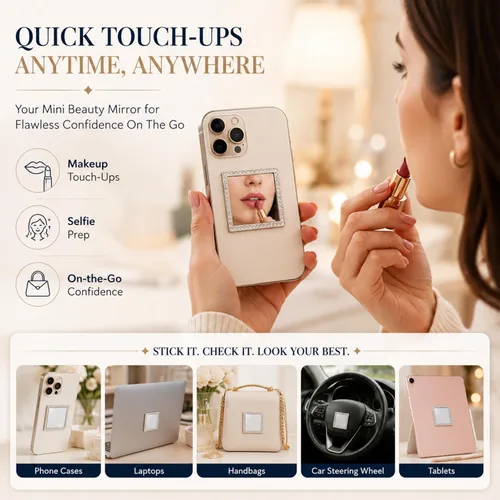 Miniatura 5 de Wireless City Espejo cuadrado para teléfono, espejo de maquillaje con diamantes dorados con circonita cúbica, adhesivo de espejo de 2.0 in