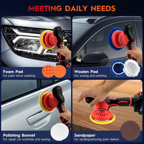 Miniatura 5 de Kit de pulidor inalámbrico para automóvil con baterías de 2 x 21 V, pulidora de automóvil de 6 pulgadas con 8 velocidades variables de 2800-6000 RPM