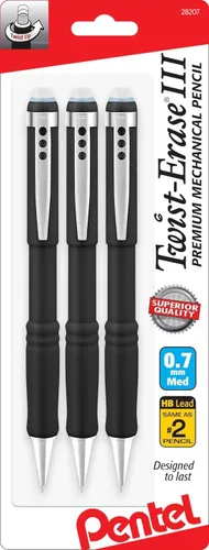 Pentel Portaminas de 0.028 in Twist Erase III, borrador giratorio, mina HB de polímero súper alta precargada, barril negro, paquete de 3 (0.7)