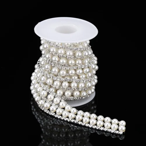 Miniatura 5 de Cadena de cierre de diamantes de imitación de cristal de 1 yarda con cuentas de perlas, cinta de encaje nupcial para decoración de fiesta de boda