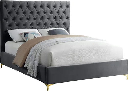 Miniatura 11 de Meridian Furniture Colección moderna Cruz Cama tapizada de terciopelo contemporánea con acolchonamiento de botones profundos y juegos completos