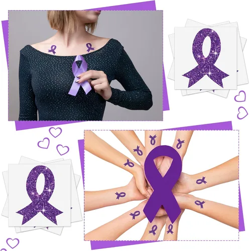 Miniatura 5 de 20 hojas de 240 piezas de cinta morada con brillantina, tatuajes de concienciación sobre violencia doméstica, tatuajes temporales, lupus