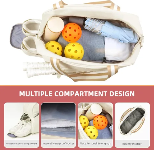 Miniatura 7 de Bolsa de Pickleball Mochila de Pickleball para Mujeres Bolsa de Equipamiento Deportivo con Compartimento para Zapatos Accesorio de Regalo 30L, Beige