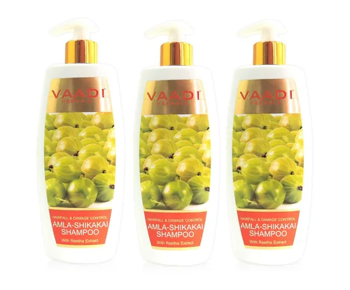 Vaadi Herbals Amla with Shikakai & Reetha Shampoo - Champú para el control de caídas y daños - Todo natural - Sin parabenos - Sin sulfato - Adecuado