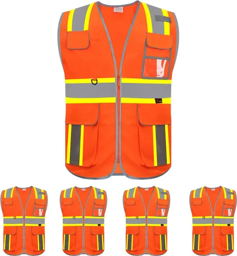 Miniatura 9 de zojo Chaleco de seguridad de alta visibilidad, reflectante con bolsillos multifuncionales y cremallera, para hombres y mujeres, Franja negra