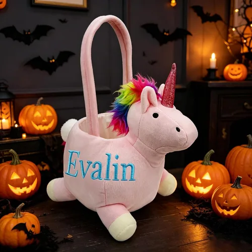 Cesta personalizada para cacería de huevos de Pascua, cesta de unicornio de felpa con nombre impreso (cesta de unicornio con personalización)
