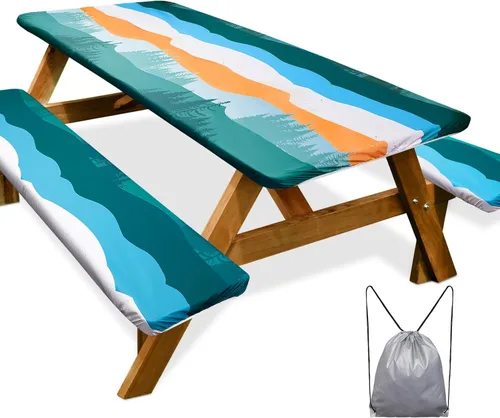 Miniatura 39 de Funda de mesa de picnic con fundas para bancos Esenciales de camping Mantel de picnic impermeable y a prueba de viento con bolsa de cordón, funda