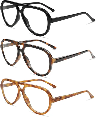Miniatura 3 de AMOMOMA Paquete de 3 Gafas de Lectura Aviador Retro Extragrandes para Mujeres y Hombres, Marco Grande Clásico con Filtro de Luz Azul