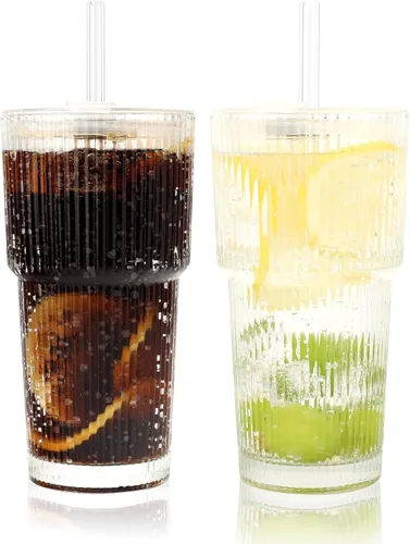 Miniatura 10 de 20oz Clear Glass Cups with Lids and Straws, Reusable Iced Coffee Cups, Drinking Tumblers for Cocktail Beer, Juice, Smoothie, Water, Party Gifts