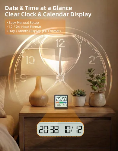 Miniatura 6 de NOKLEAD Termómetro higrómetro para interiores, mini monitor digital de temperatura y humedad de escritorio con indicador de comodidad y reloj
