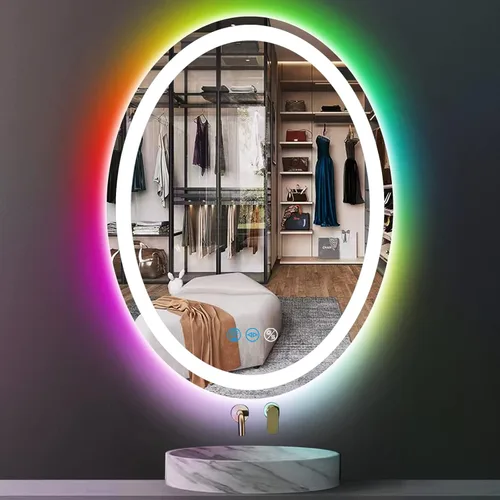 Miniatura 10 de Espejo de baño ovalado RGB de 24 x 16 pulgadas con luces delanteras inteligentes regulables de 3 colores y arco iris, colorido cambiante