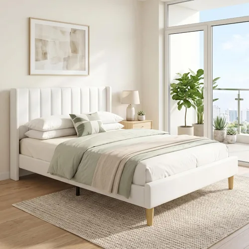 Miniatura 32 de Base de cama Queen con cabecero, base de cama de plataforma con respaldo de terciopelo vertical copetudo, soporte de listones de madera, no necesita