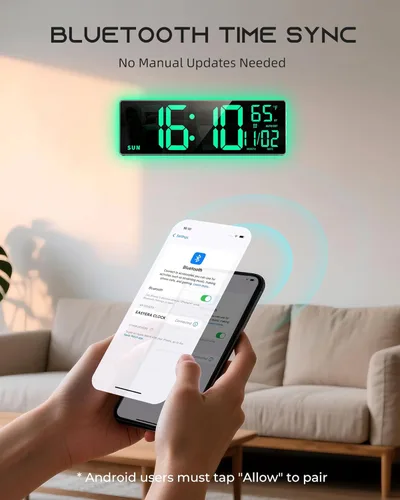 Miniatura 4 de EASYERA Reloj de pared digital grande de 16.5 pulgadas con sincronización BT, reloj de grano de madera con 11 escenas de luz RGB, control remoto