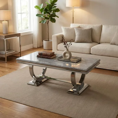 Miniatura 3 de Asday Mesa de centro plateada, mesa rectangular gris para sala de estar con base en U de metal espejo plateado, mesa de centro para sala de estar