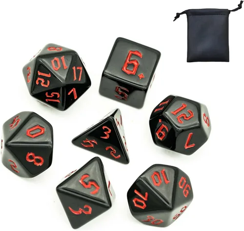 Juego de 7 Dados Poliédricos DND, Dados Negros D&D con Bolsa de Cuero para Juegos de Rol, Negro con Números Rojos, D4 D6 D8 D10 D12 D20 D% negro con
