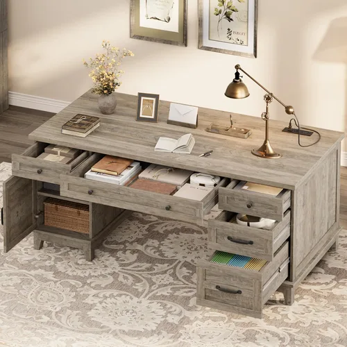 Miniatura 10 de GarveeHome Escritorio ejecutivo de granja con cajones de archivos, escritorio de oficina en casa de 60 pulgadas con estación de carga, escritorio