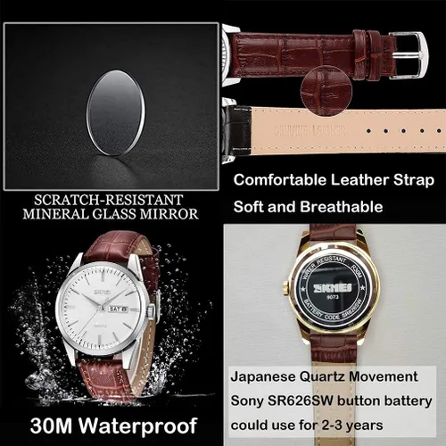 Miniatura 4 de SKMEI Reloj para hombres de negocios vestido clásico de moda casual negro cuero cuarzo analógico impermeable calendario fecha luz simple relojes