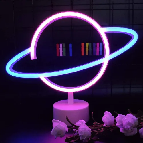 Miniatura 9 de ENUOLI Letreros de luz de neón de planeta rosa, luces de noche LED con pedestal, decoración de habitación, batería/operación USB, letreros de neón