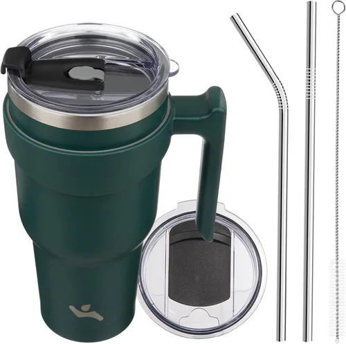 Miniatura 63 de Konokyo - Vaso de 10 onzas con asa y 2 popotes, 2 tapas, botella de agua aislada de acero inoxidable, taza de viaje reutilizable, color verde militar