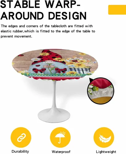 Miniatura 2 de Mantel redondo de gnomos de verano con mariquita, mantel ajustable con elástico para mesas redondas de 36 a 44 pulgadas, mantel de madera vintage