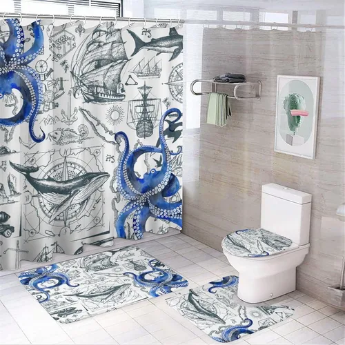 Miniatura 11 de Juego de 4 cortinas de ducha de arte geométrico moderno abstracto, estilo grunge, negro, blanco, dorado, impreso, juego de decoración de baño