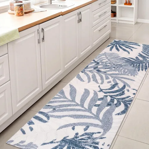 JONATHAN Y Tropics Palm Leaves Indoor Outdoor Runner Rug 2X8 Cream/Dark Blue, Boho for Backyard, Patio, Porch, Easy-Cleaning, High Traffic,